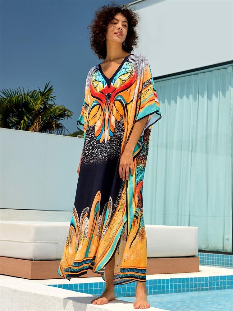 EDOLYNSA 2024 богемный шикарный принт плюс размер с v-образным вырезом и рукавами «летучая мышь» кафтан женское летнее пляжное платье пляжное платье купальный костюм свободный халат