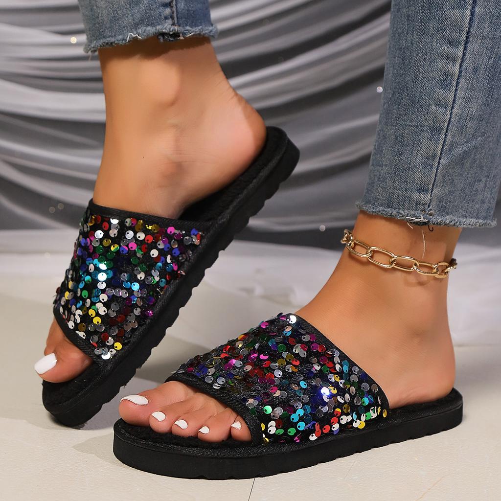 Тапочки с плоским дном, расшитые блестками, женская летняя верхняя одежда, новые повседневные ленивые тапочки большого размера с одним словом 44