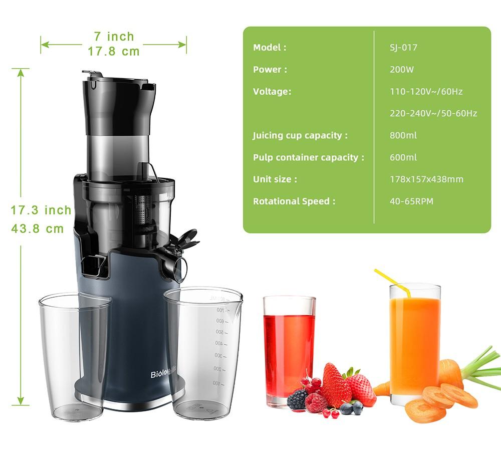 BioloMix Cold Press Juicer, with 78mm/3.07in Feed Chute, 200W 40-65RPM Powerful Motor, Low Noise Slow Masticating Juice Machine