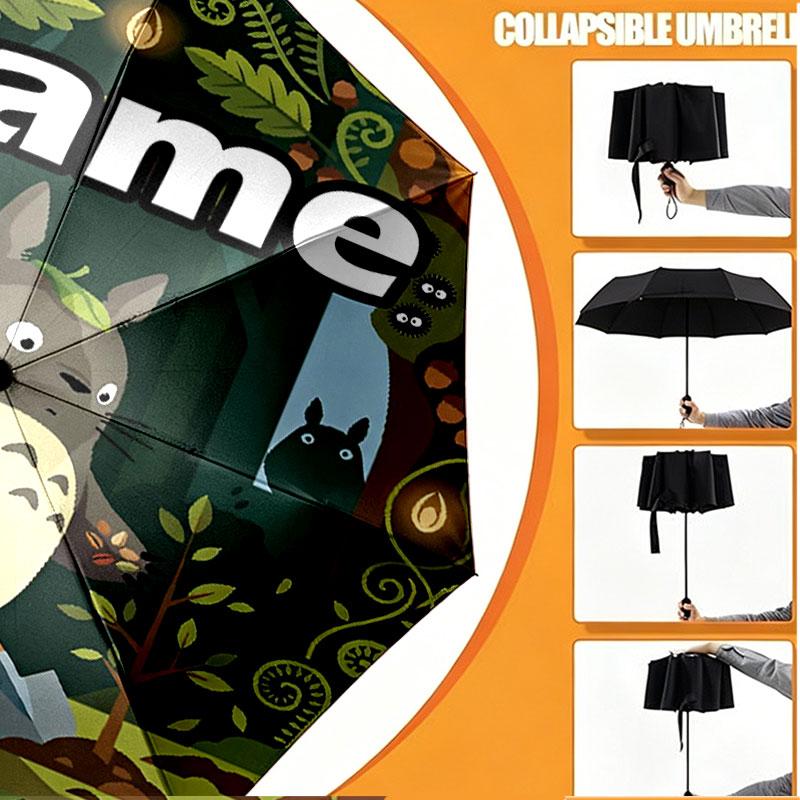 Custom Name Personalized My Neighbor Totoro Print Umbrella, Auto Open Close, 8‑Rib Sturdy Frame, Commute Camping Hiking Use, Birthday Gift