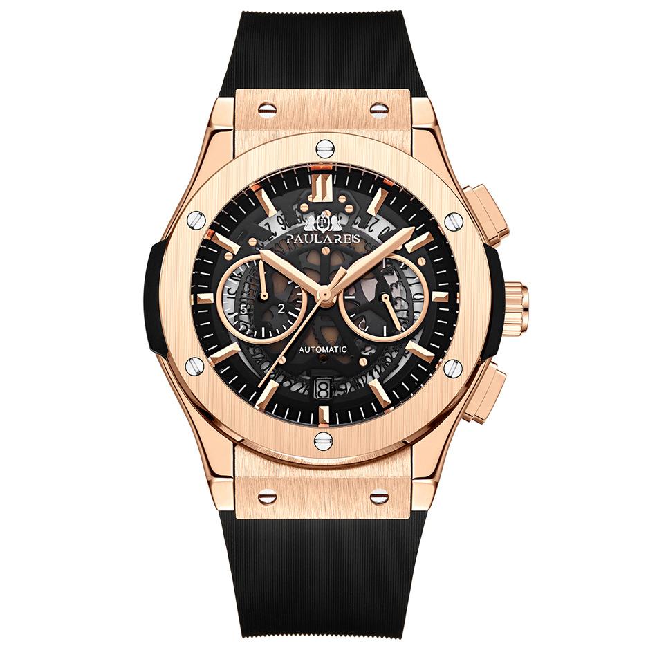 Paulareis Rubber Strap Multifunctional Running Seconds Chronograph Rose Gold Quartz Men's Watch
