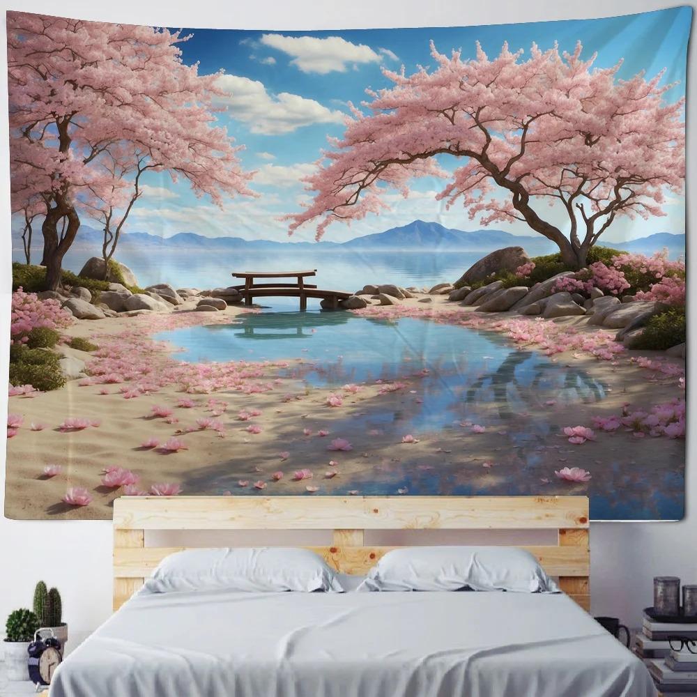 Украшение стены дома Гобелен Фон с изображением персикового цвета на берегу реки Гобелен для гостиной в офисе