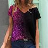 Летний топ с V-образным вырезом и пайетками, градиентный 3D-принт, модные повседневные женские футболки с короткими рукавами