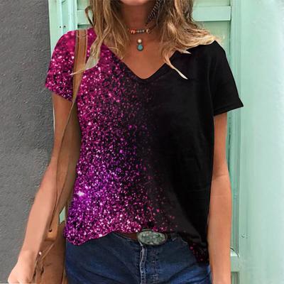 Летний топ с V-образным вырезом и пайетками, градиентный 3D-принт, модные повседневные женские футболки с короткими рукавами