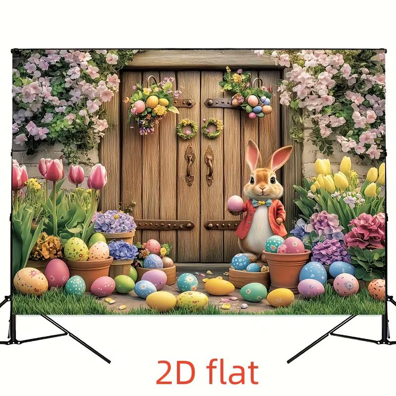 2D Easter Bunny Photo Booth Backdrop, Spring Flowers & Colorful Eggs Background