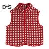 Women Vest Jacket Stand-up Collar Contrast Color Sleeveless Checked Pattern Cardigan Waistcoat Zipper Closure Daily Outdoor Outerwear