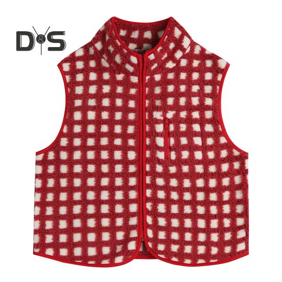 Women Vest Jacket Stand-up Collar Contrast Color Sleeveless Checked Pattern Cardigan Waistcoat Zipper Closure Daily Outdoor Outerwear