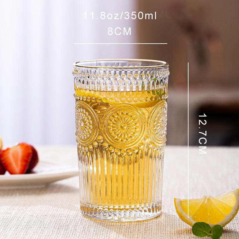 PINNY 300 мл 350 мл Скандинавский стиль Тисненая Кружка из стекла с подсолнухом Прозрачная Круглая Чашка для напитков Вина Молока Винтажная Посуда