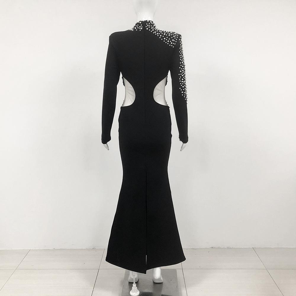 European and American new dress long-sleeved perspective sexy hip-wrapped lace pearl splicing dress