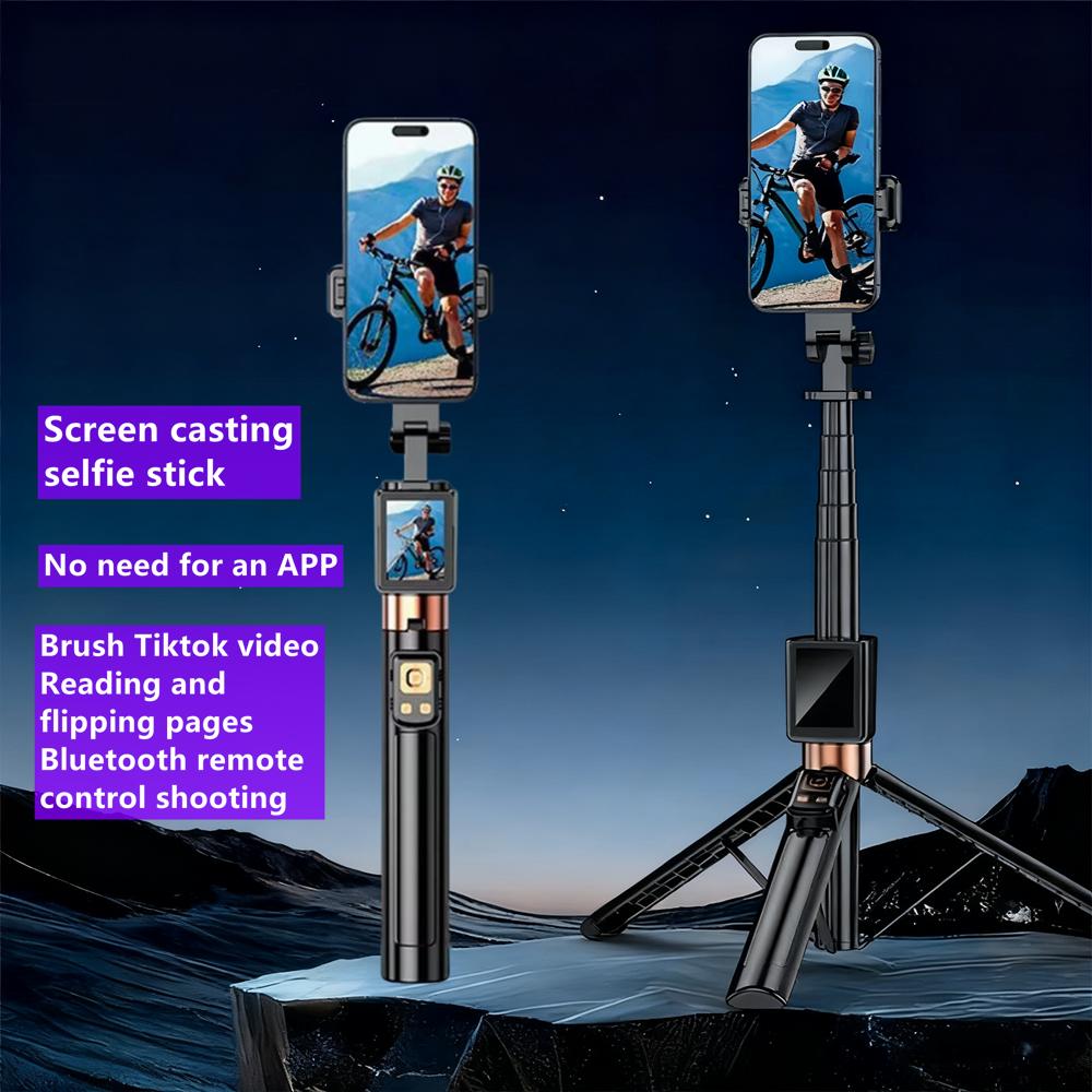1.7m New 5 in 1 Projection Rear Camera Selfie Stick with Selfie Monitor Screen Brush Bluetooth Remote Control Scrolling 7