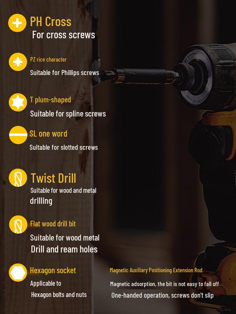 Набор бит для электрической отвертки - Сильно магнитные, Нескользящие, Высокая твердость, Крестовые (Phillips), Шестигранные (Hex), Torx, Вольфрамовая сталь.