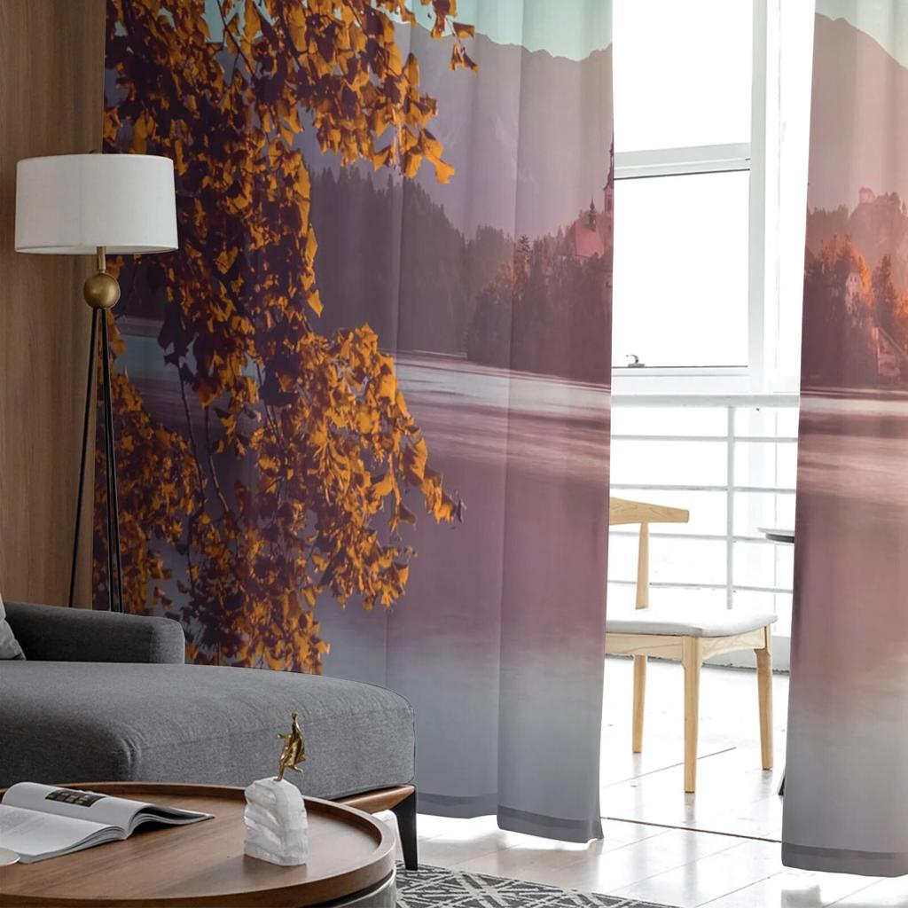 Castle Mountain Leaves Sky Tulle Curtains Balcony Room Fashion Printed Sheer Curtain Living Room Window Modern Decor