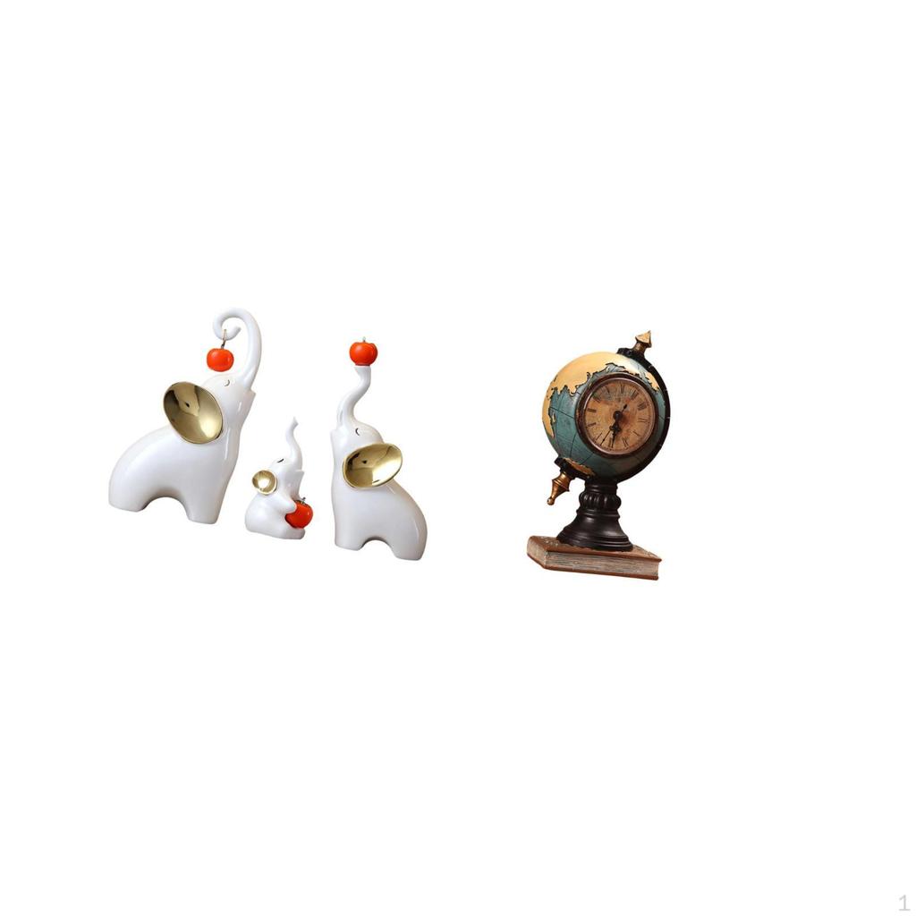 Elephant Family Sculptures And Globe Clock Figurine Statue Art Craft Ornament for Desk Living Room