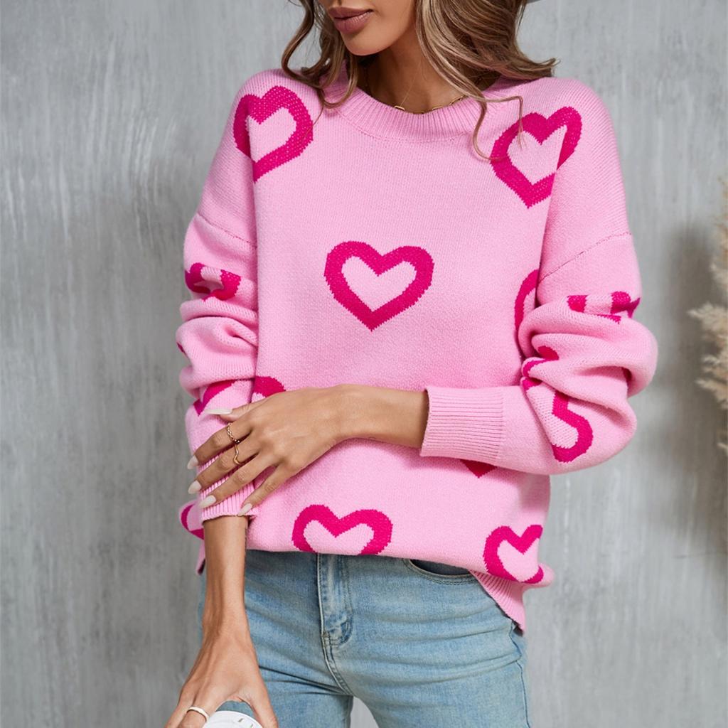 Women's Loose Casual Fashion Round Neck Heart Sweater Knitted Bottoming Shirt Sweater