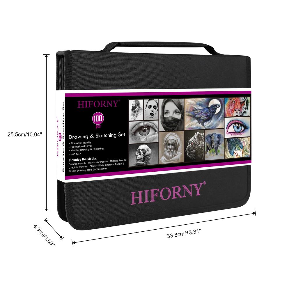 HIFORNY Drawing Sketching Set Professional Art Supplies Metallic Blending Coloring Zipper Case & Graphite, Charcoal, Color, Watercolor, Pencil, Tool,