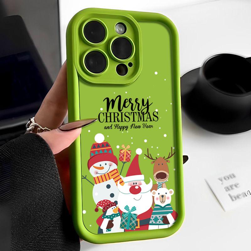 Рождественский Чехол для Телефона с Лосем для iPhone 17 16 15 Pro Max 14 Pro 13 12 11 XR XS 8 7 Дед Мороз Снеговик Защита Объектива Ударопрочный ТПУ Бампер