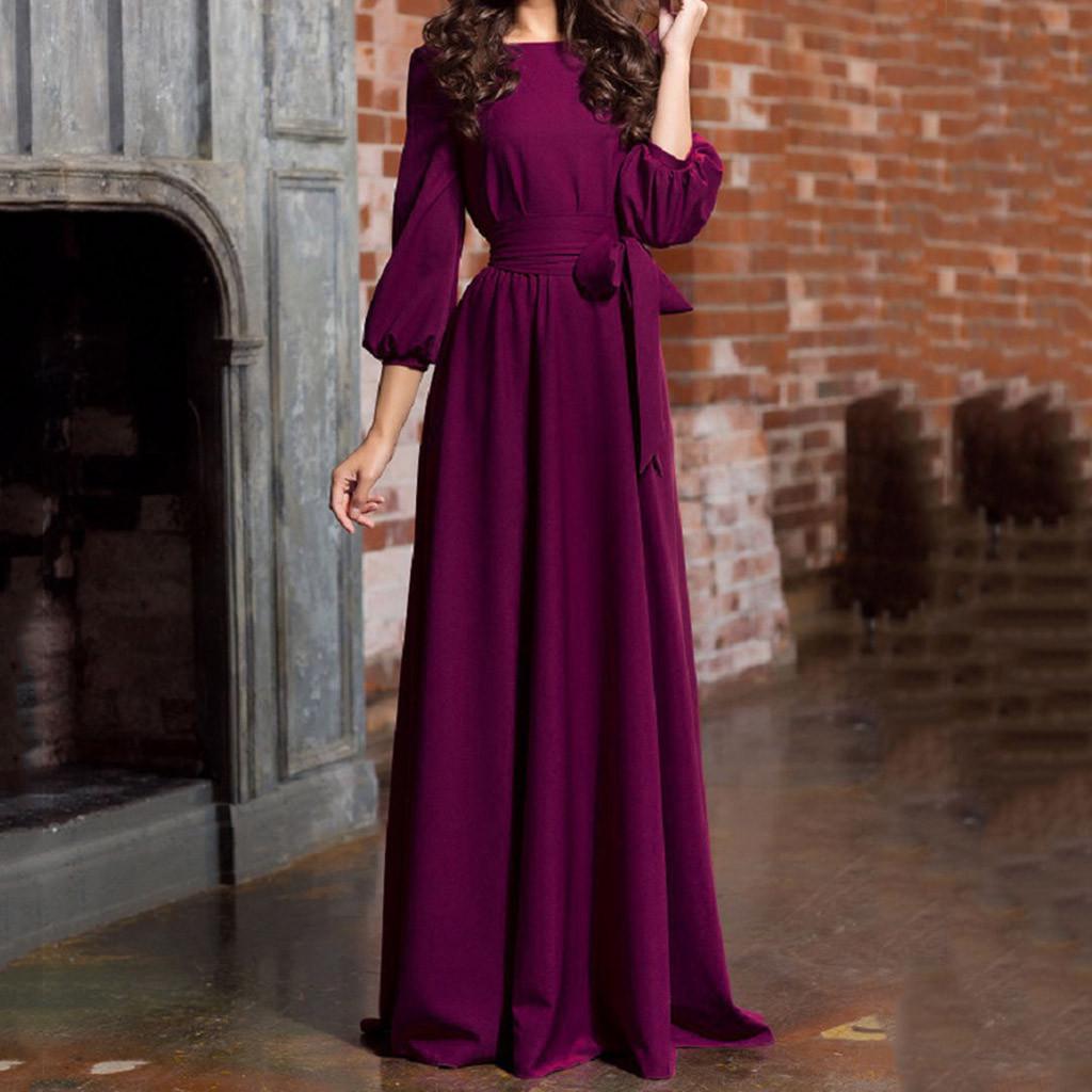 Women Summer Casual Party Dress  Sleeve Solid Long Dresses With Belt