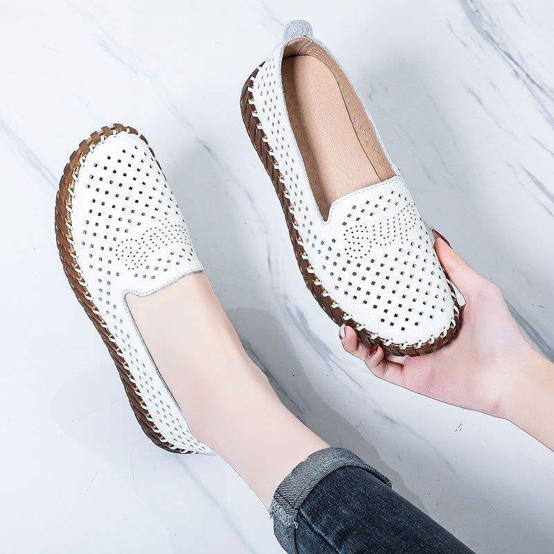 Мягкая кожа бабушкины туфли плоская подошва полые одинарные туфли дышащие нескользящие супермягкая подошва из говяжьей кожи туфли для мамы женская повседневная обувь