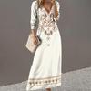 Women Dress Ethnic Style Print V Neck Long Sleeve Bohemian Loose A-line Pullover Soft Ankle