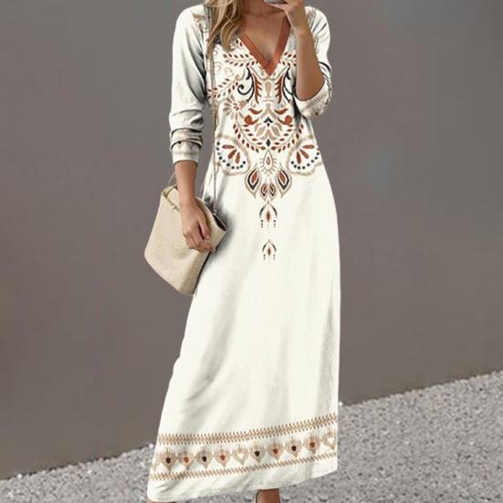 Women Dress Ethnic Style Print V Neck Long Sleeve Bohemian Loose A-line Pullover Soft Ankle