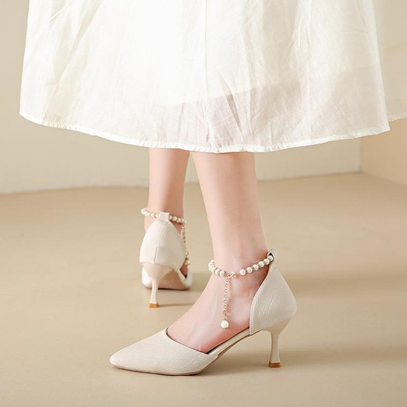 Летние туфли-лодочки, босоножки женские с жемчугом, Мэри Джейн, белые туфли на тонком каблуке, на высоком каблуке, универсальные, не утомляющие ноги.