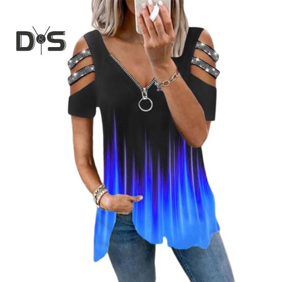 Женская летняя футболка с открытыми плечами, декор со стразами, короткие рукава, большие размеры, свободный подол, V-образный вырез, градиентный контрастный цвет, женская блузка