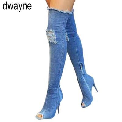 2024 Новые модные женские рваные джинсовые высокие каблуки выше колена сапоги весна лето сексуальные открытые носки высокие сапоги бедра горячие Botas 693