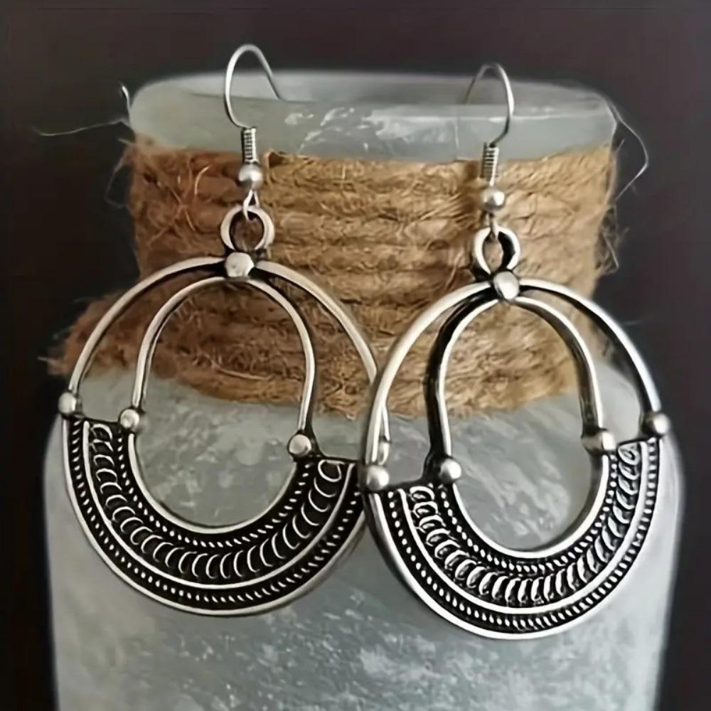 Youmu Vintage Geometric Antique Silver Hollow Earrings - European & American Style
