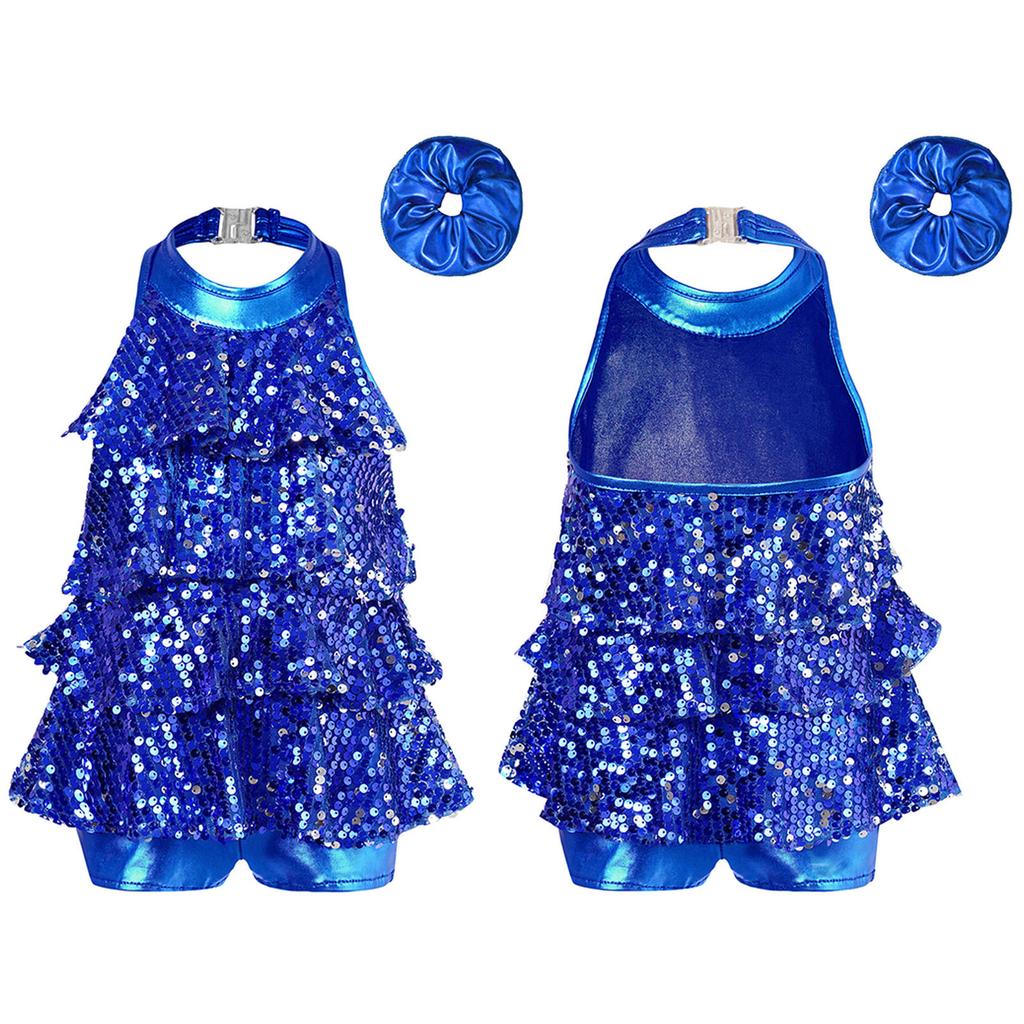 Kids Dance Leotard Halter Neck with Shiny Sequins Ruffles for Jazz Latin Performance Costume