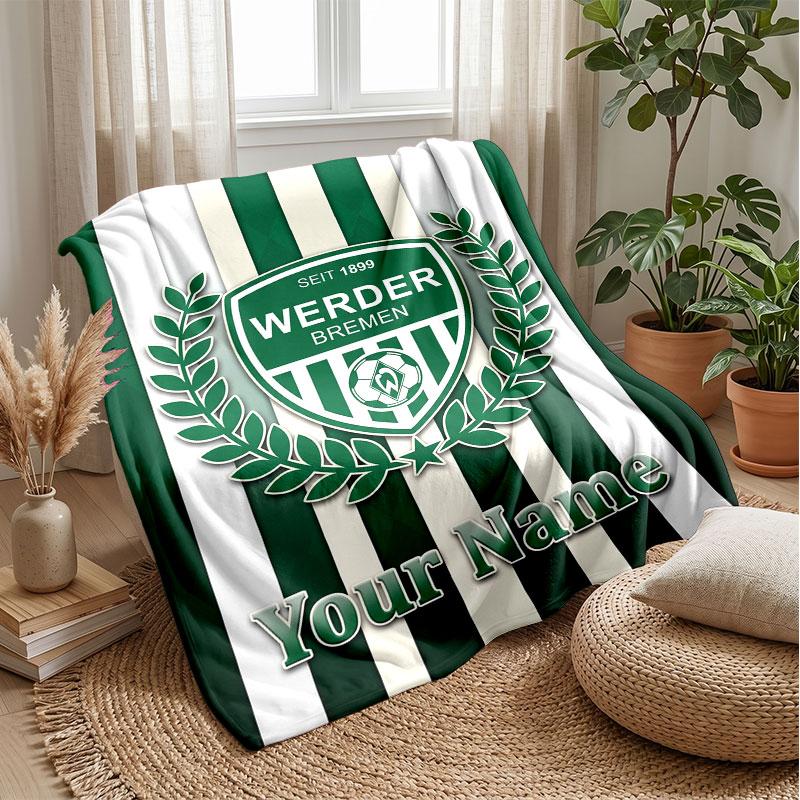 Werder Bremen FC Custom Name Text Flannel Blanket Soccer Logo Personalized Fleece Throw Blanket Special Gift For Sofa Bedroom Home