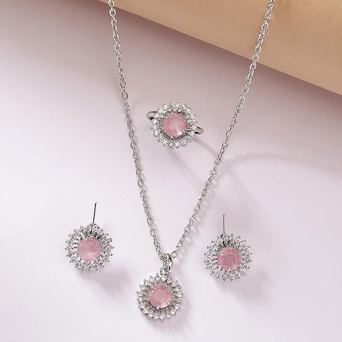 Посеребренный Роскошный Американский Бриллиант Сердце Кристалл Подвеска Кольцо и Серьги Комбо Набор Ювелирных Изделий Для Женщин