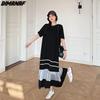 2024 Plus Size Summer Shirt Dress Women Spliced Elegant Cotton Loose Dress Casual Short Sleeve Pleated Long Dress Black