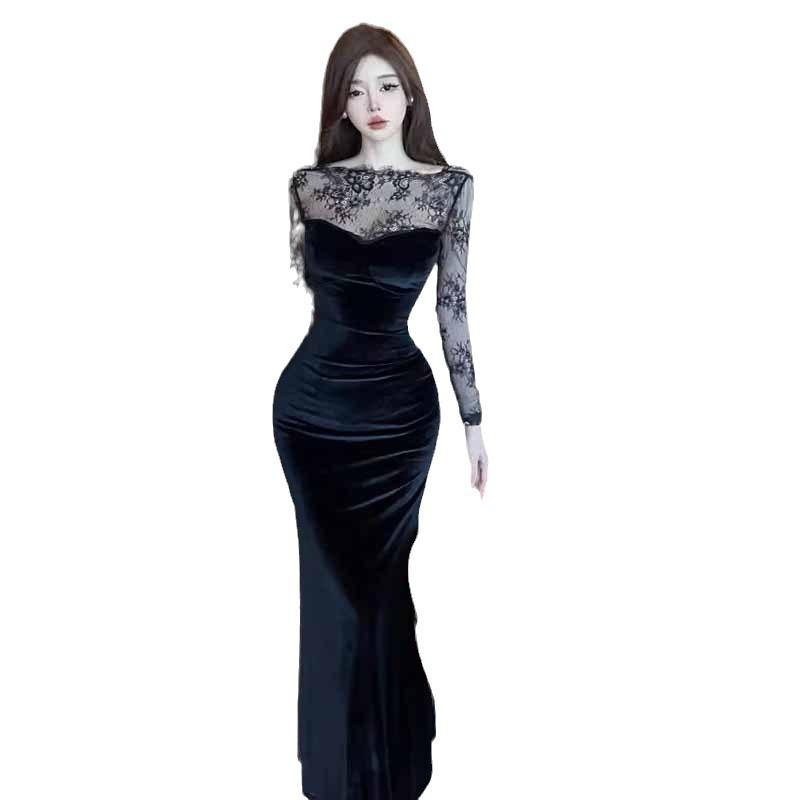 2025 женский темперамент сексуальный кружевной сращивание тонкий тренд платье