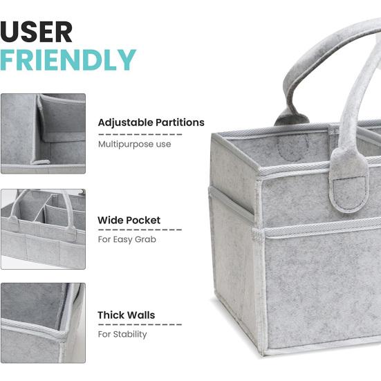 Baby Diaper Caddy Organizer with Dividers Portable Car Diaper Box Felt Diaper Caddy with Handle Nursery Basket