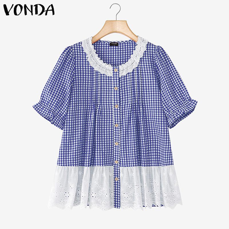 VONDA Women Short Sleeve Plaid Lace Crochet Ruffled Casual Blouse