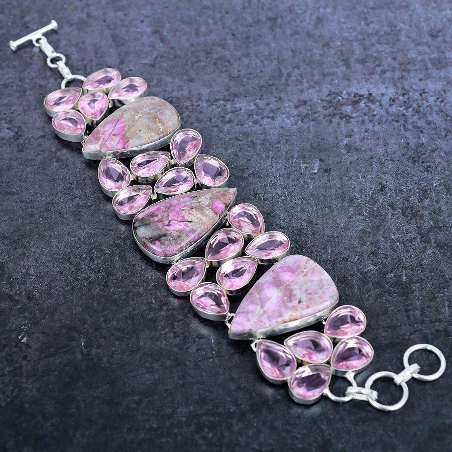 Кобальт, Кунцит Драгоценный камень Ручной работы Серебро 925 пробы Браслет 7-8" y9I41