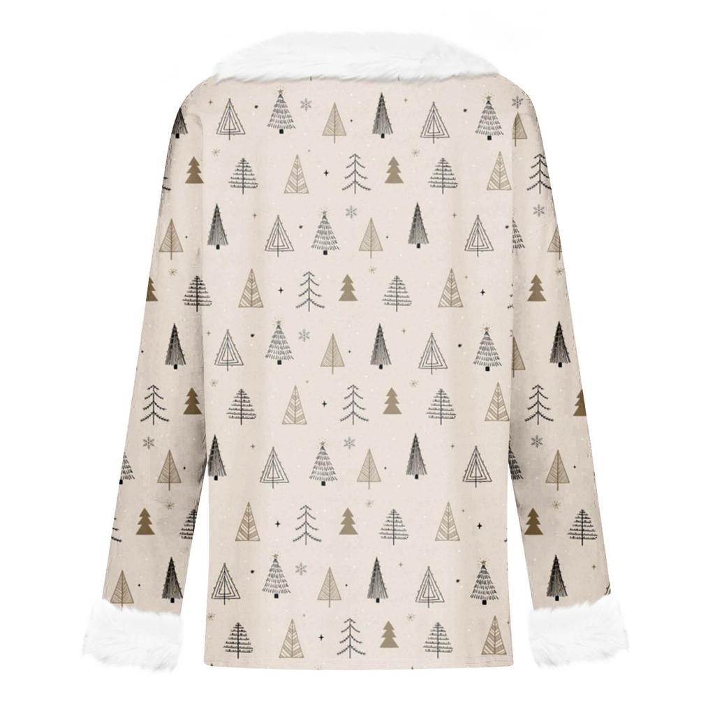 Женская футболка с рождественским принтом, футболка с длинным рукавом, флисовый воротник, топ с V-образным вырезом