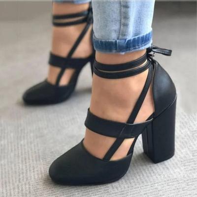 Туфли-лодочки Sapatos Feminino, размер 35-43, летние гладиаторские туфли на высоком каблуке для вечеринки, свадьбы, модные туфли на толстом каблуке со шнуровкой, женские, черные