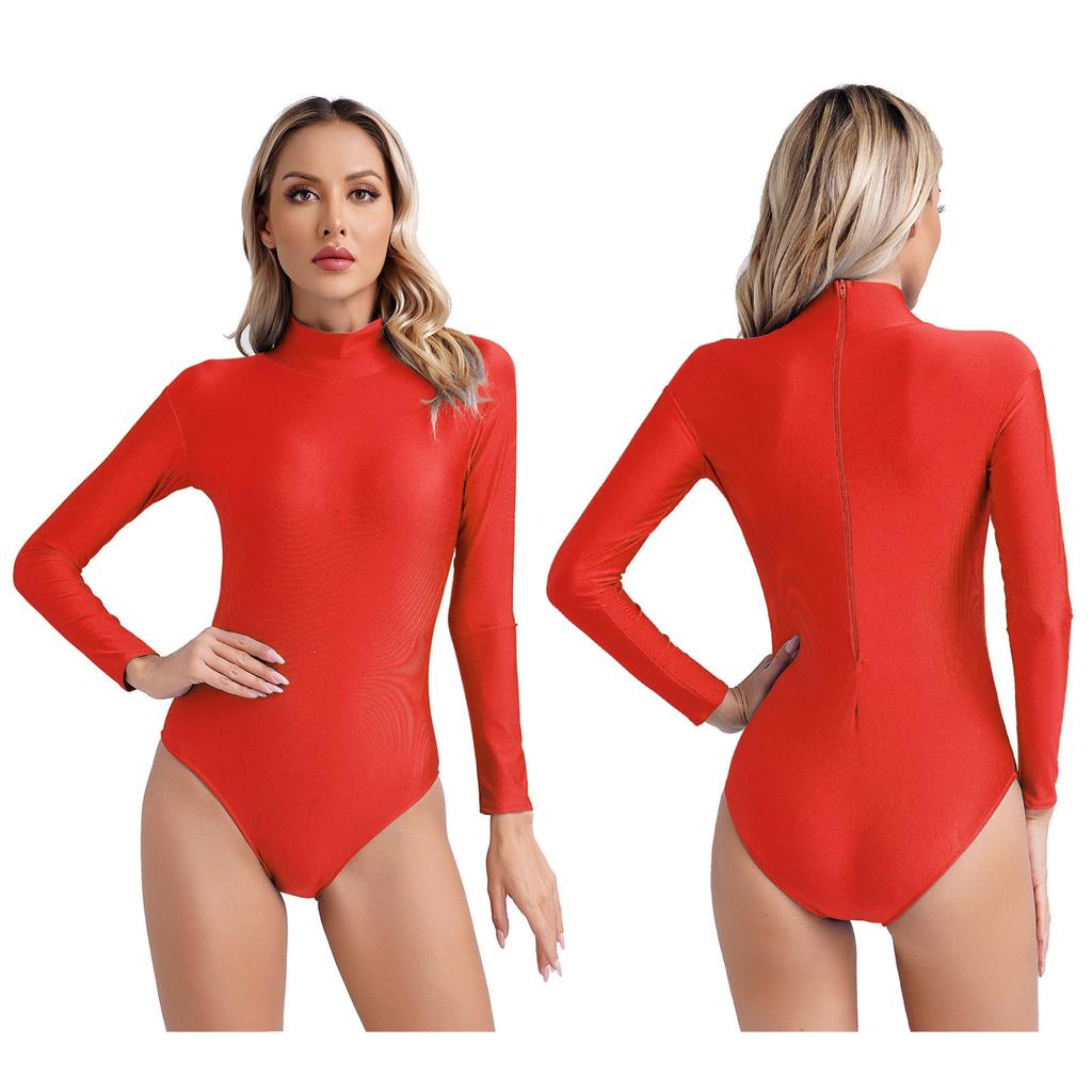 Женское боди с длинным рукавом и воротником-стойкой, однотонное эластичное трико на молнии сзади, гимнастический танцевальный комбинезон