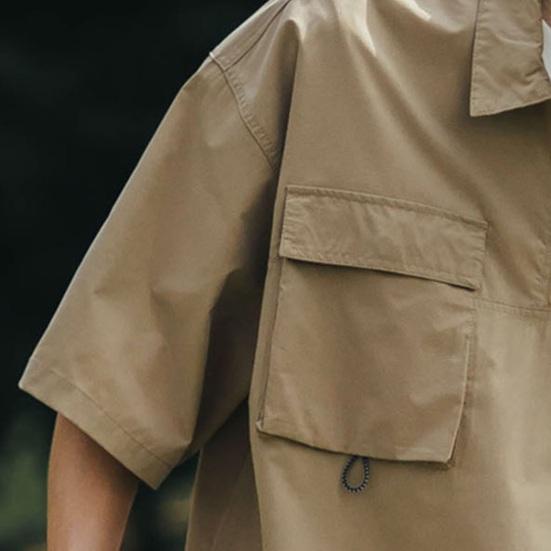 Summer Men Cargo Top Chest Pockets Solid Color Loose Zipper Plus Size Hip Hop Streetwear Plus Size Half Sleeves Half-open Turn-down Collar Mid