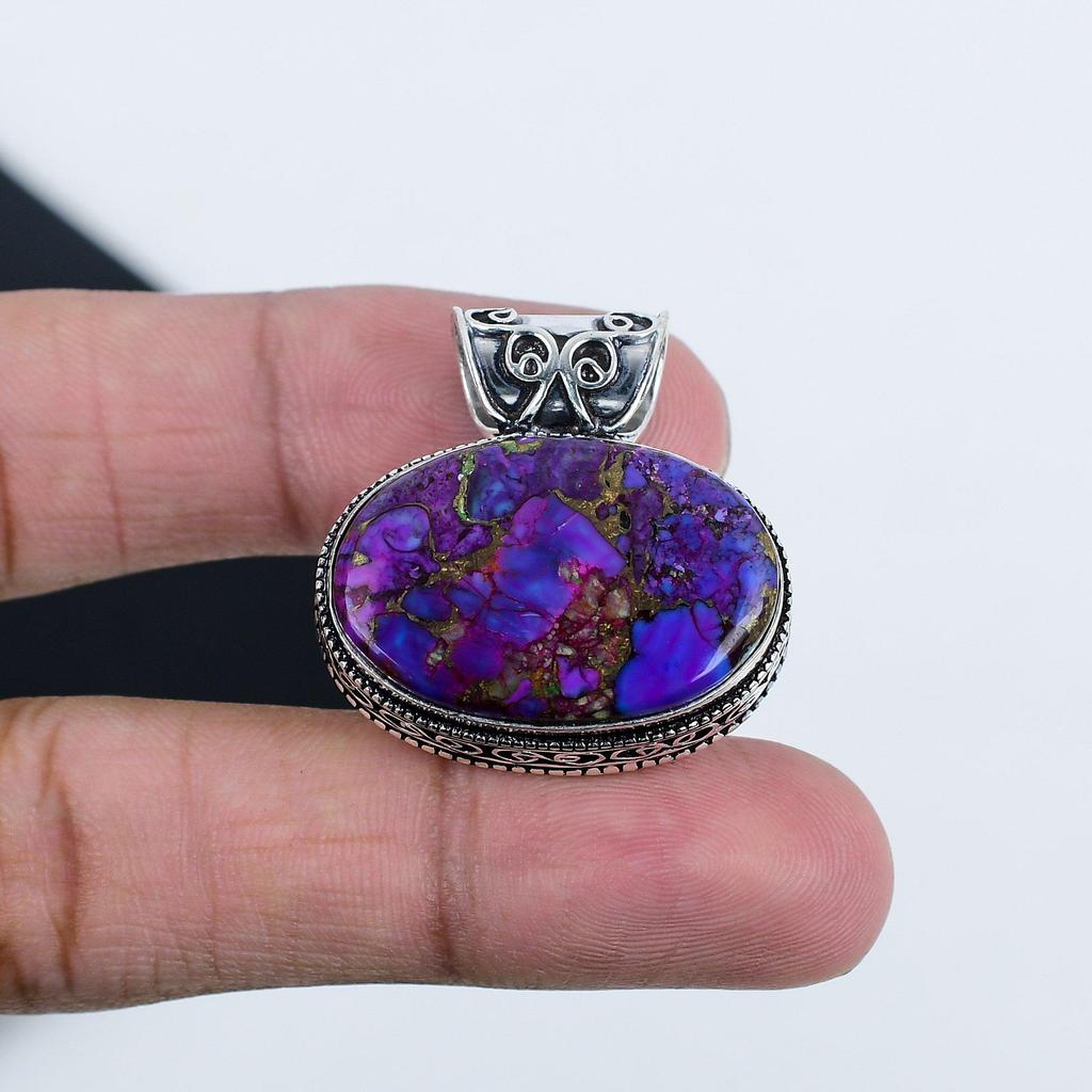 Серебряный кулон с фиолетовым медным бирюзовым камнем из стерлингового серебра 925 пробы — овальный дизайн ручной работы, повседневное ювелирное украшение в подарок жене