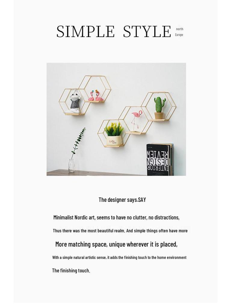 Nordic Wrought Iron Hexagonal Wall Shelf for Home, Bedroom, and Dining Room Decor