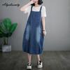 Женский джинсовый мешковатый сарафан больших размеров в корейском стиле, подтяжки, повседневное свободное платье на бретелях, винтажное платье без рукавов из стираного хлопка больших размеров