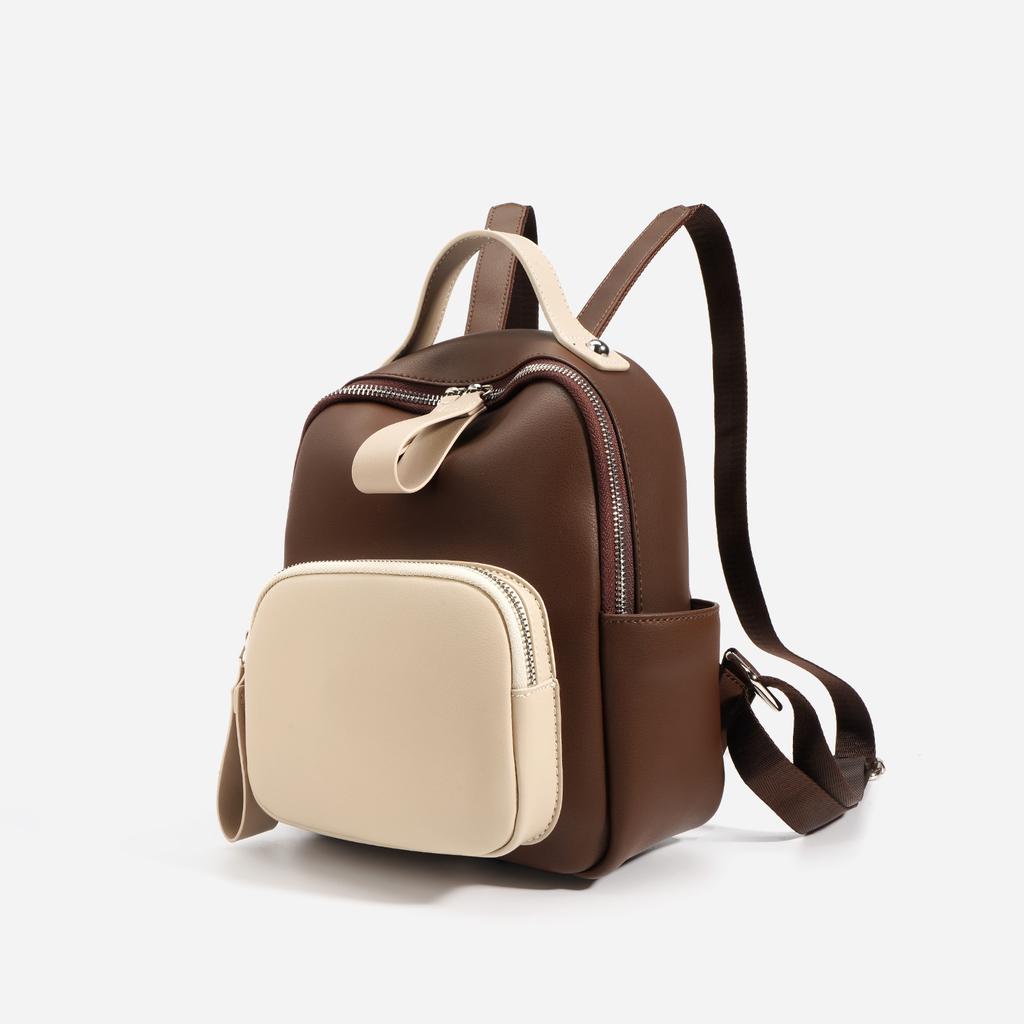 Retro Simple Contrasting Color Splicing Leather Small Backpack Women's Backpack Commuter Light Travel Bag Soft Cowhide Schoolbag