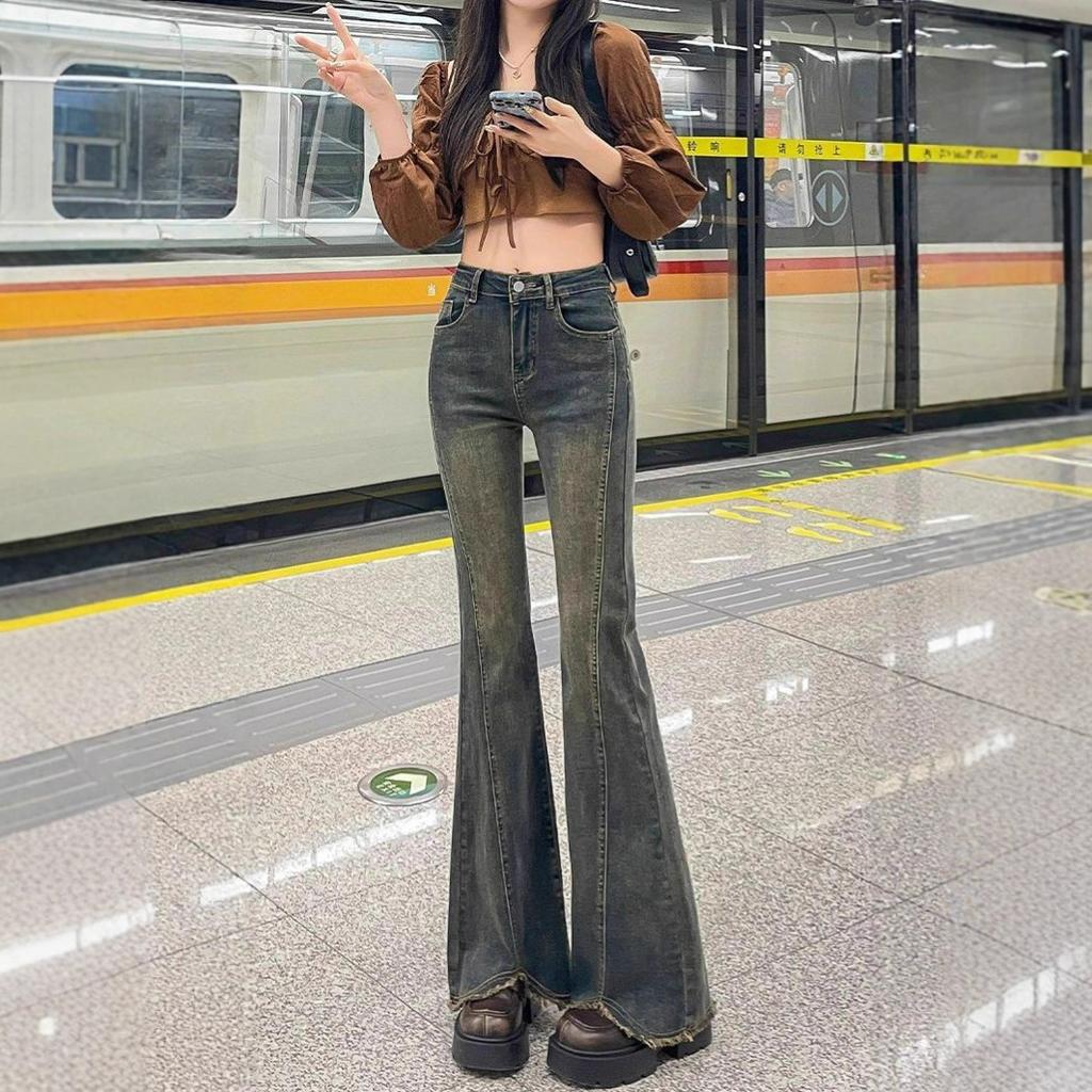 Comfortable Large Size Old Do Old Burlap Micro Flare Jeans Women Spring High-waisted Slim Dragging Floor Skinny Horseshoe Trousers Long Denim Pants