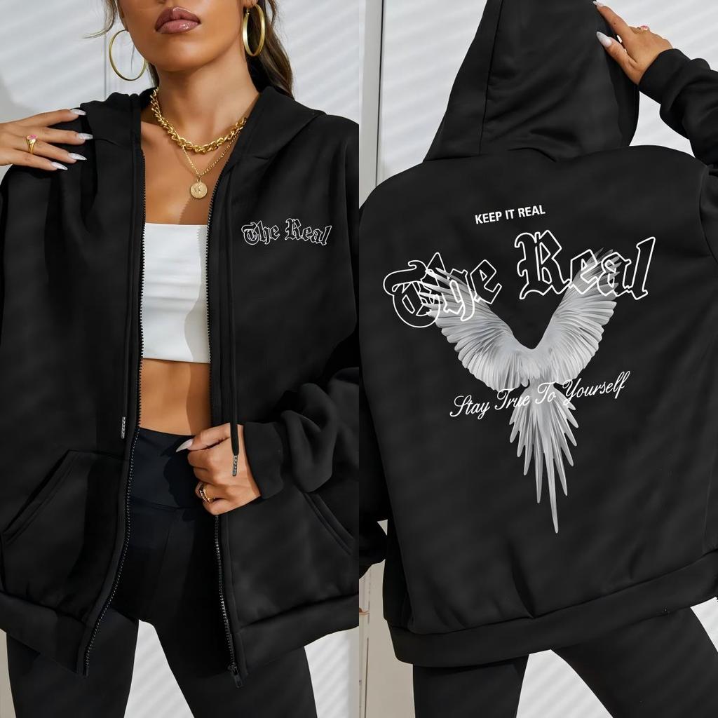 Keep It The Real Wings Creative Printing Zipper Hoodie Women Autumn Loose Hoody Casual Fleece Sportswear Clothing