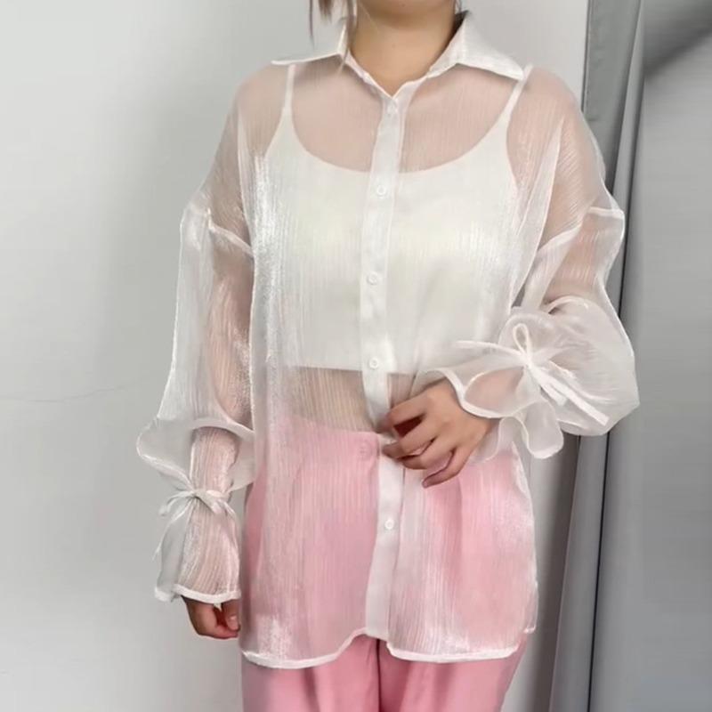 Модная сексуальная прозрачная повседневная свободная рубашка женская винтажная с рукавами-фонариками на шнуровке женские блузки элегантные тонкие летние топы женская одежда 26255