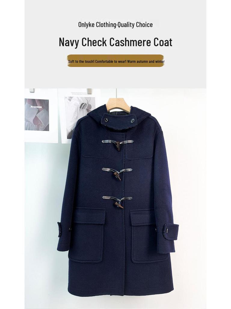 Женское пальто средней длины из шерстяной смеси в стиле преппи от E-Family с капюшоном и застежкой-пуговицей.