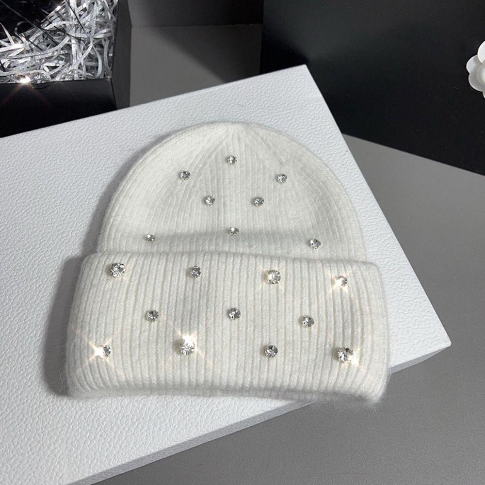 Rhinestone Beads Pullover Yarn Hat Rabbit Fur Warm Bonnet Beaanies Korean Wool Skullies Cap Women