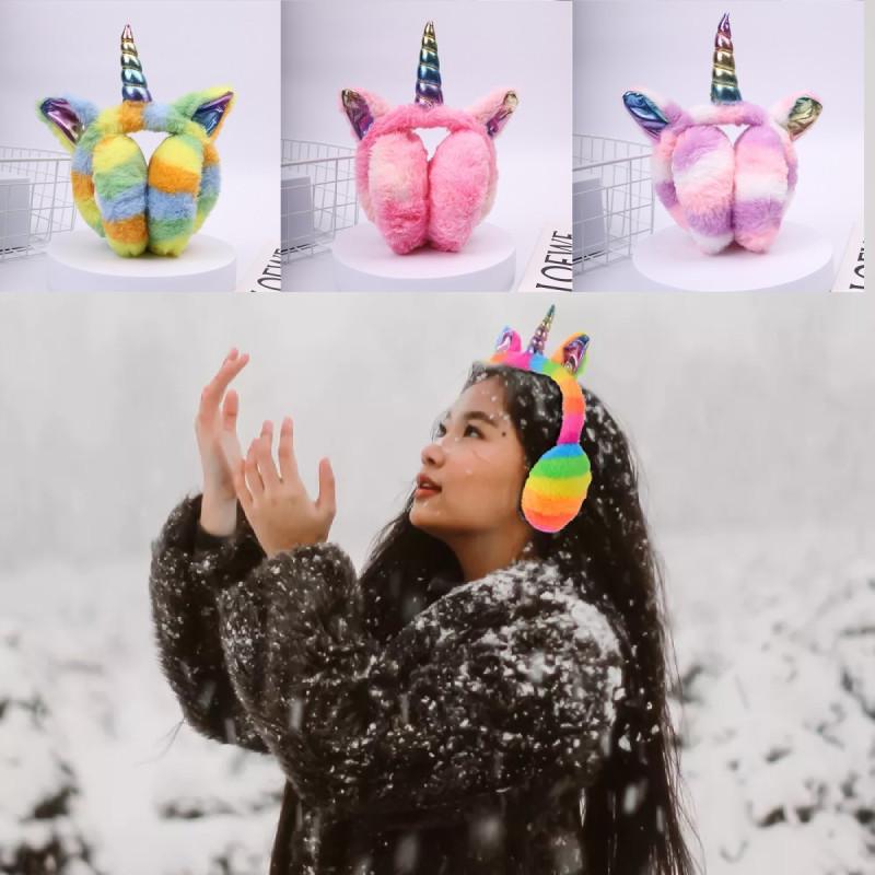 Милые детские теплые наушники с мультяшным единорогом, плюшевые в стиле кролика для зимнего использования